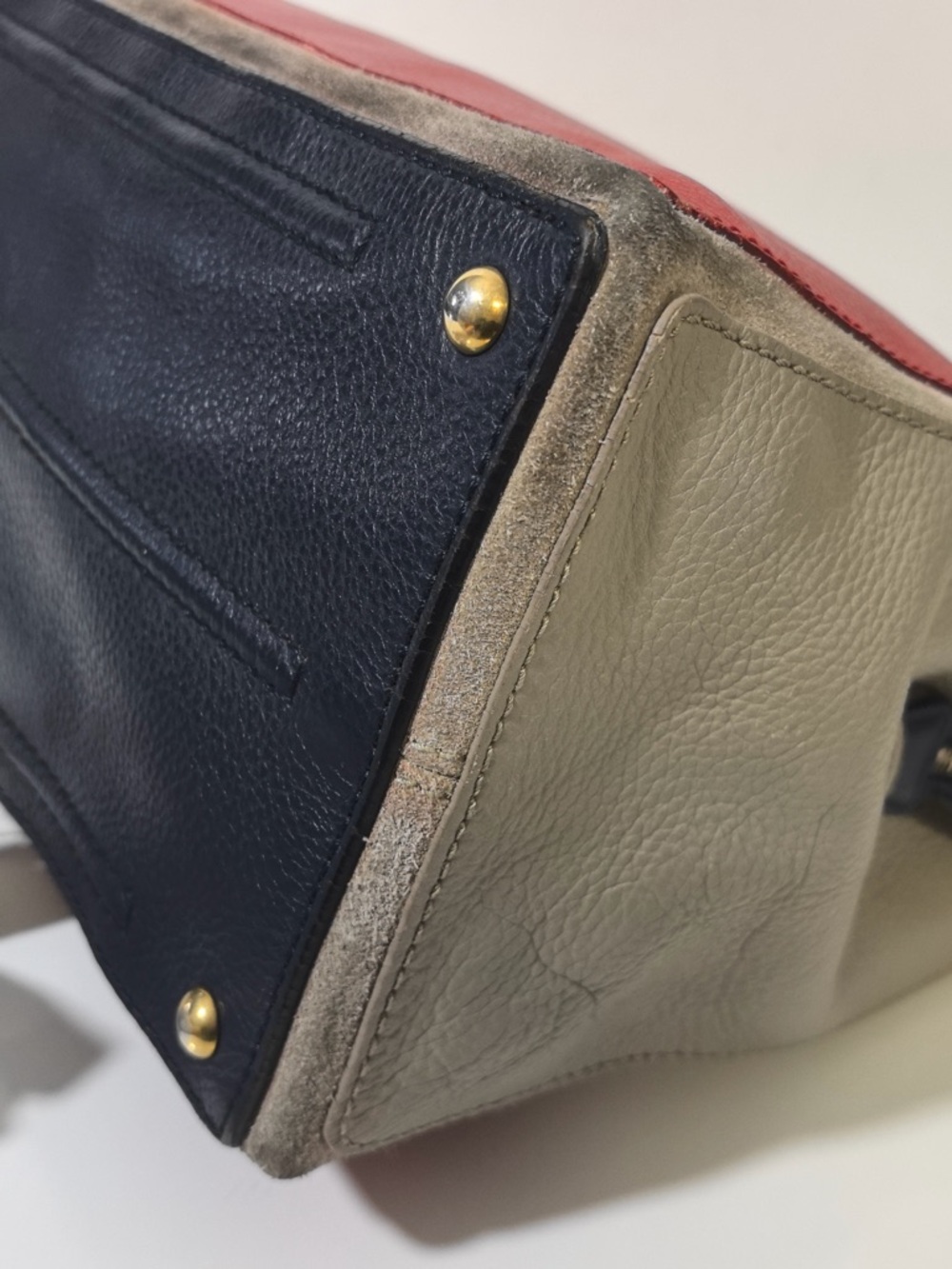 YSL Red Grey Color-Block Leather Suede Tote with Pouch - Picture 6 of 12
